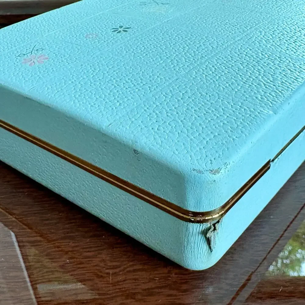 Vintage Farrington Texol Blue Floral Jewelry Box, Hard Case Organizer